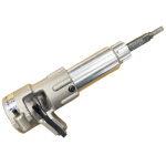 Pneumatic power drill with long metal barrel and pistol grip, front chuck for drill bit, angled body for heavy-duty drilling or fastening